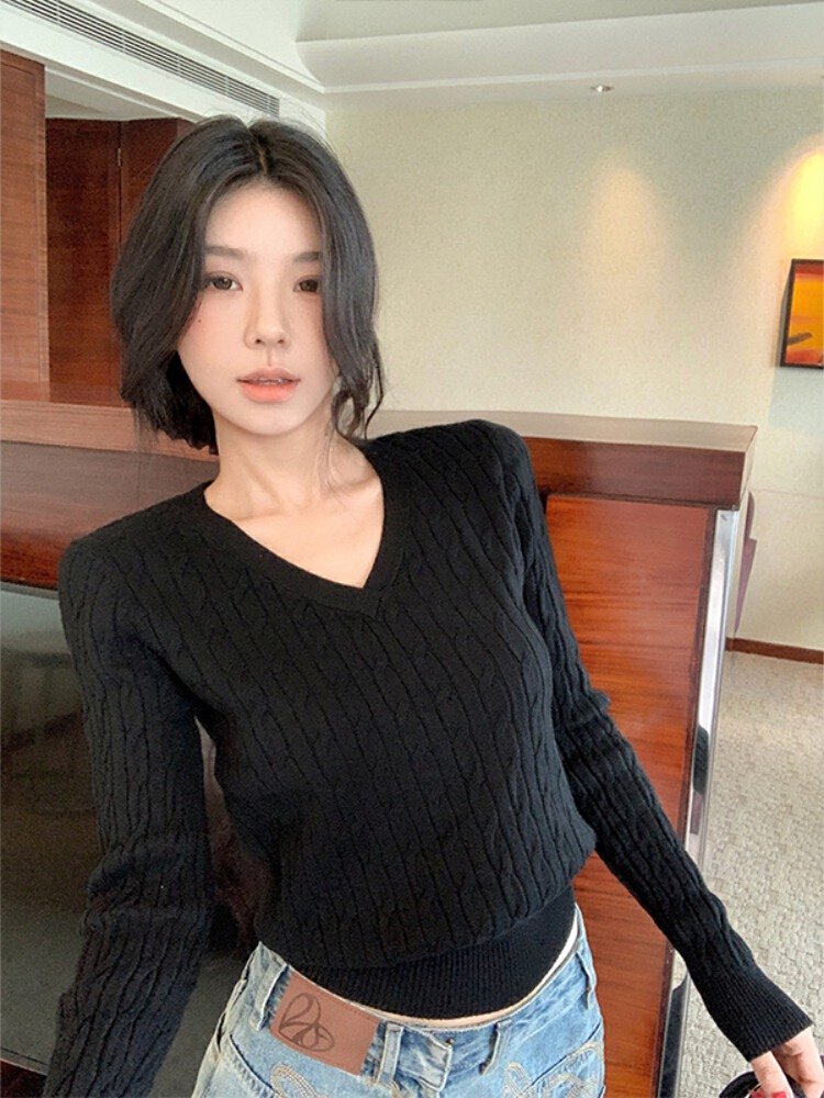 Vapetix Free Size-Free Size Simple Grey Cropped V-Neck Cable-Knit Sweater for Women – 2025 Autumn Pullover Base Layer with Long – Bild 2