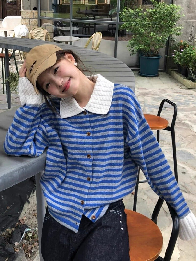 Vapetix S-XL 2025 New Korean-style Loose-Fit, Slimming Design-Statement Striped POLO-Neck Long-Sleeve Knitted Sw