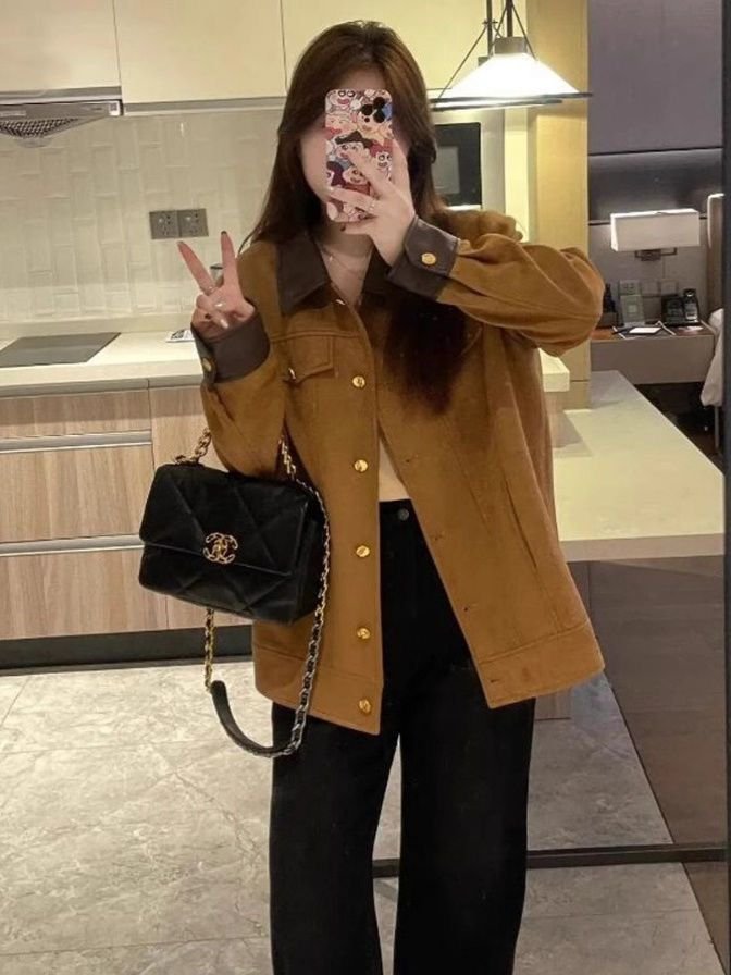 Vapetix S-3XL Women's Vintage Patchwork Contrast Collar Faux Leather Outerwear for Autumn/Winter, Loose and Slimm