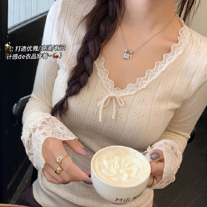 Vapetix Free Size-Free Size Apricot V-neck Lace Camisole Top Women's Underwear Layering 2025 Early Autumn New Design Knitwear S