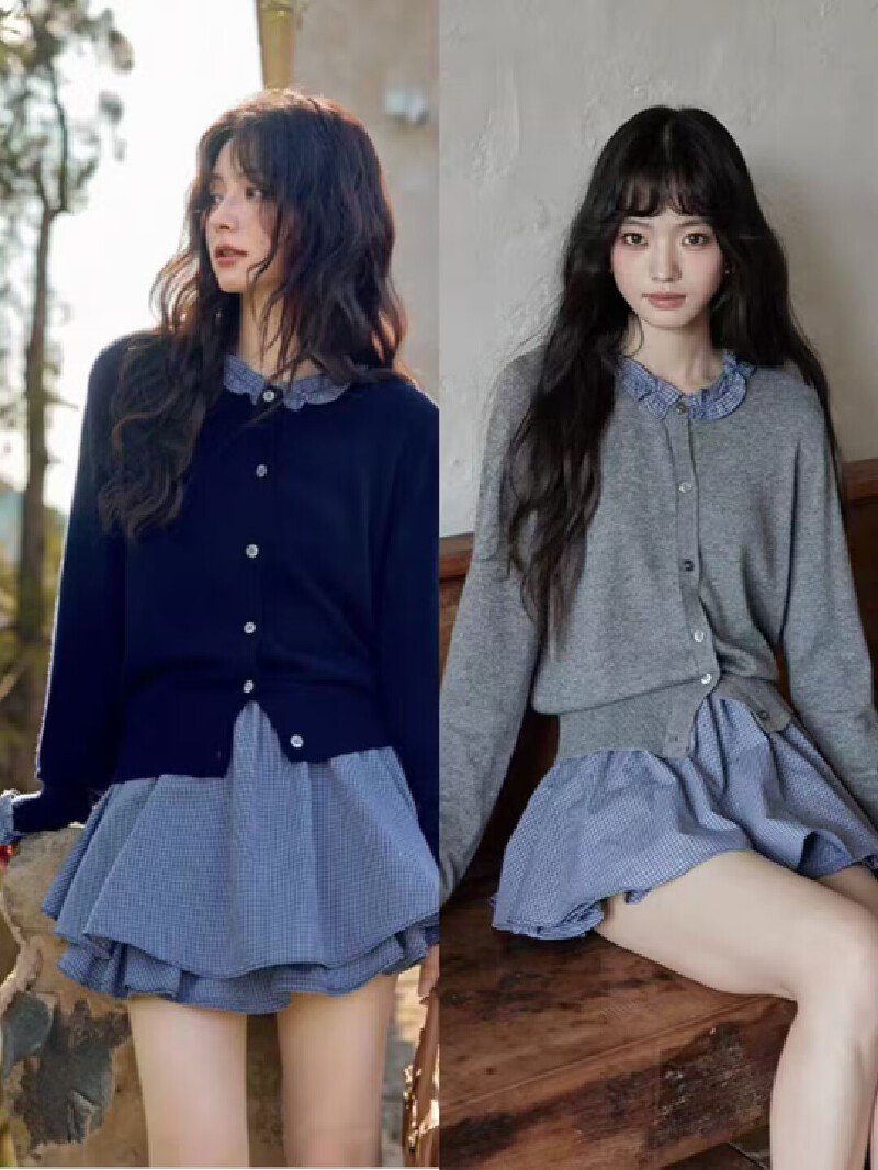 Vapetix Free Size-Free Size French-style niche design high-end academic style petite long-sleeved splicing knit sweater top