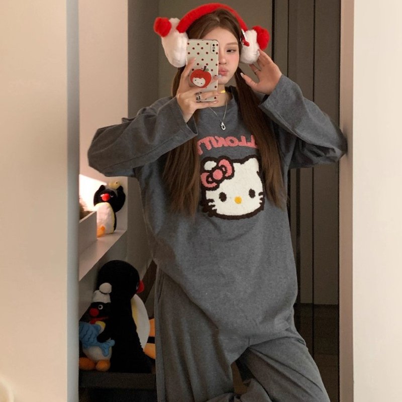 Vapetix M-XXL YMX—High-Quality Embroidered Cartoon Kitty Cat Fleece Pajamas for Women Autumn/Winter Long Sleeve C