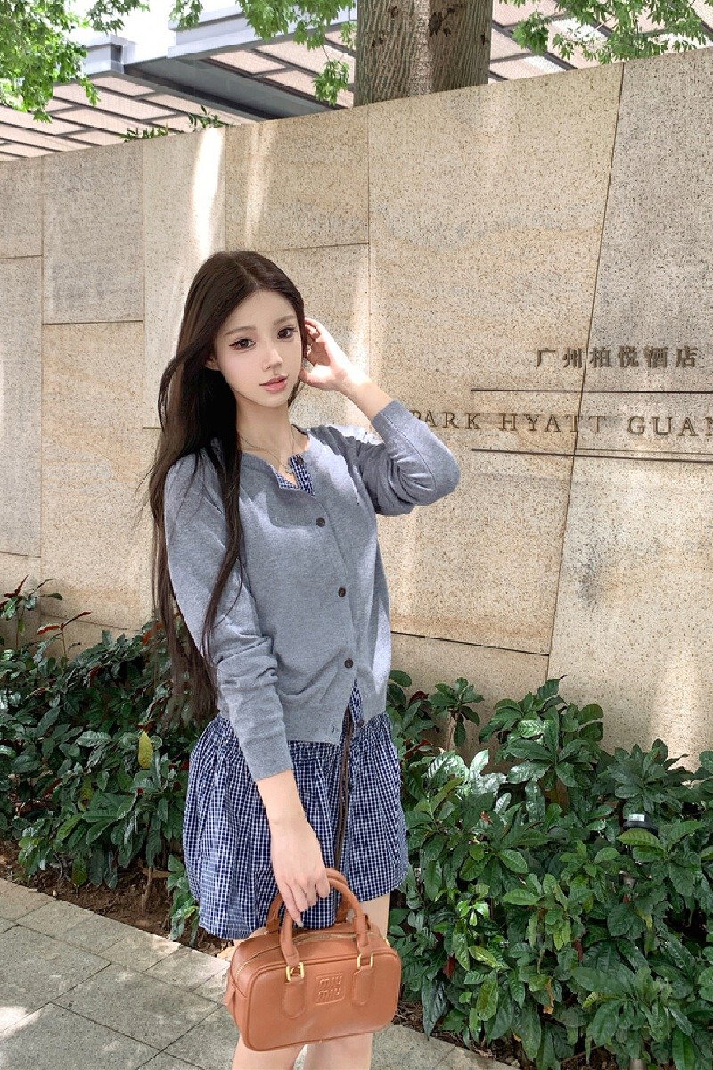 Vapetix S-L Photographed~ Early Autumn Relaxed Feeling Grid Splicing Wool Knit Cardigan Women + Waist Embossed