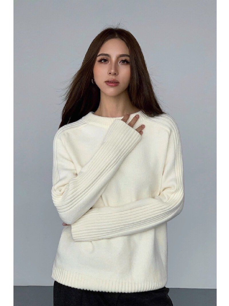 Vapetix Free Size-Free Size Women's Loose Black Round Neck Sweater, New Autumn/Winter Korean Style Long Sleeve Casual Hoodless