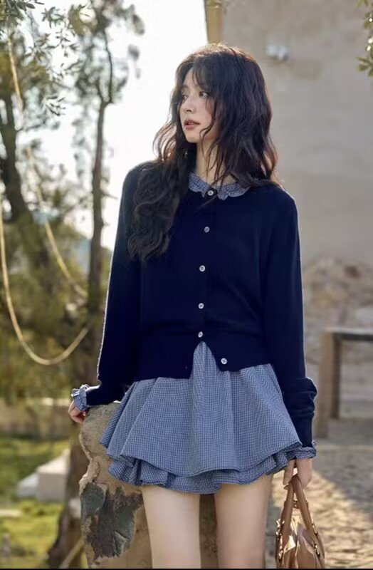 Vapetix Free Size-Free Size French-style niche design high-end academic style petite long-sleeved splicing knit sweater top – Bild 2