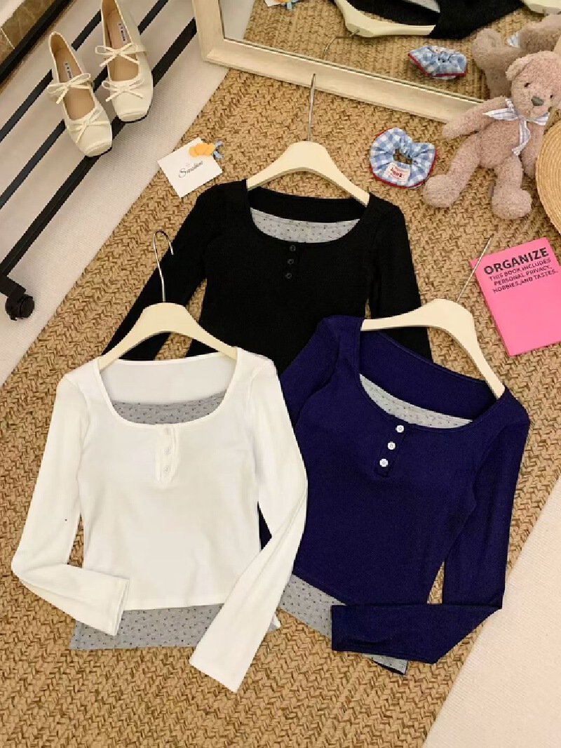 Vapetix Free Size-Free Size Oversized color-blocked two-piece button-down long-sleeve T-shirt for women, perfect for early autu