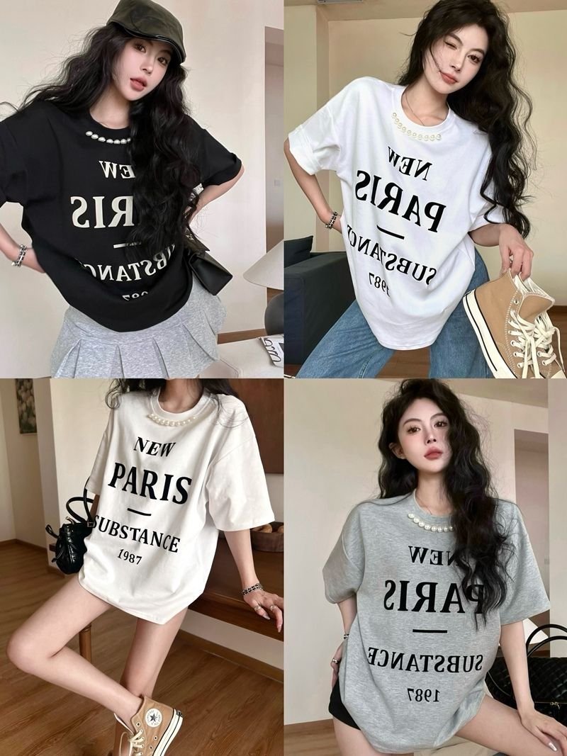 Vapetix One size fits all-One size fits all Real shot of new summer retro age-reducing letter flocking print pearl loose mid-length short-sleev – Bild 4