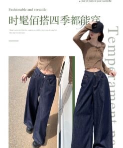 Vapetix XS-XL Autumn American Retro Non-Fading Loose Wide Leg Denim Jeans for Women, Flowy Leisure Drop-Waist Gro