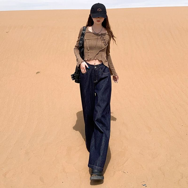 Vapetix XS-XL Autumn American Retro Non-Fading Loose Wide Leg Denim Jeans for Women, Flowy Leisure Drop-Waist Gro – Bild 2