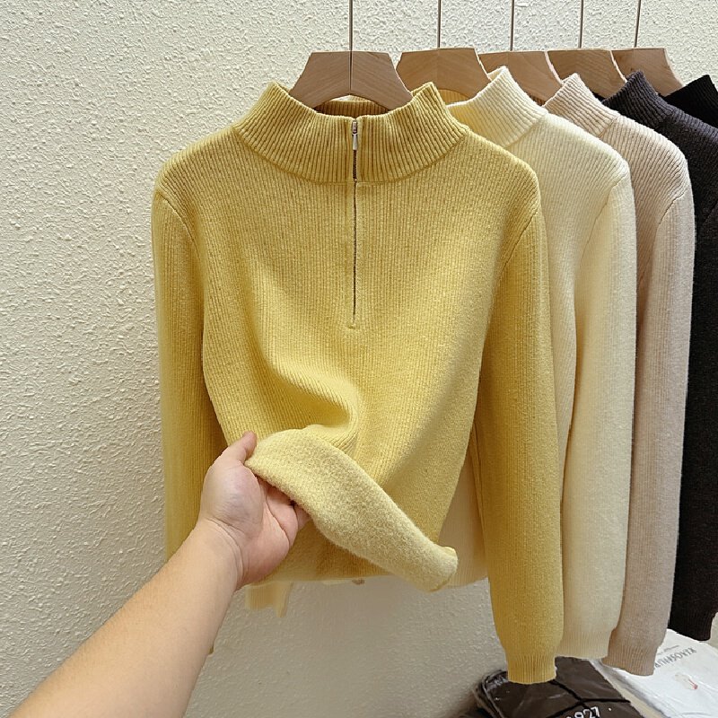 Vapetix Free Size-Free Size Real-shot Fleece-Integrated Mock-Neck Zip-Up Knit Sweater for Women – Thickened & Padded Fall/Winte – Bild 3