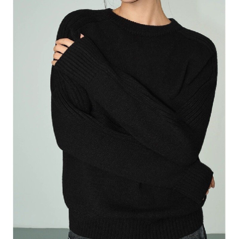 Vapetix Free Size-Free Size Women's Loose Black Round Neck Sweater, New Autumn/Winter Korean Style Long Sleeve Casual Hoodless – Bild 3