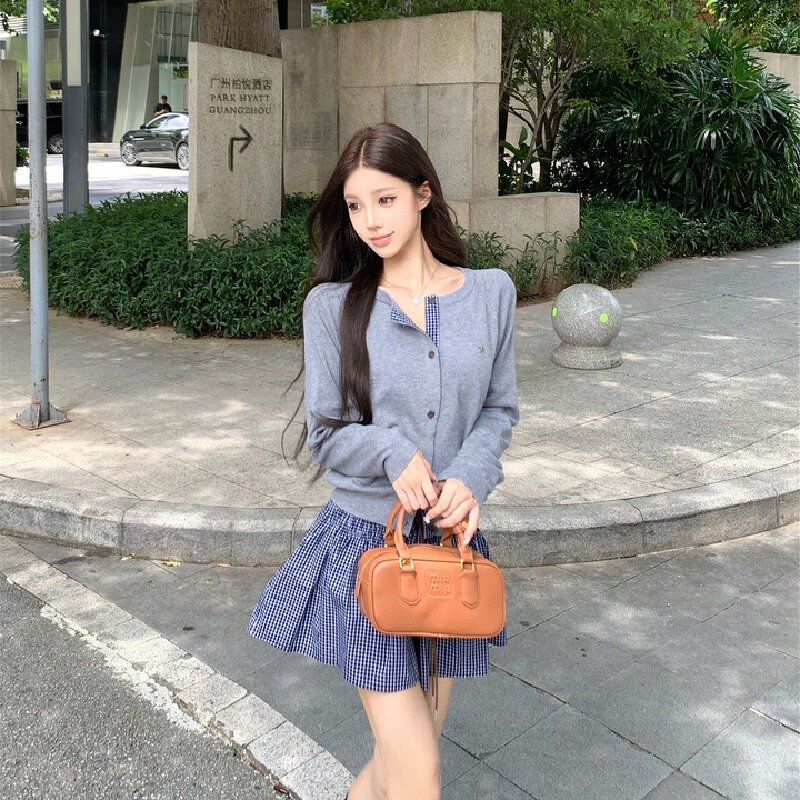 Vapetix S-L Photographed~ Early Autumn Relaxed Feeling Grid Splicing Wool Knit Cardigan Women + Waist Embossed – Bild 2