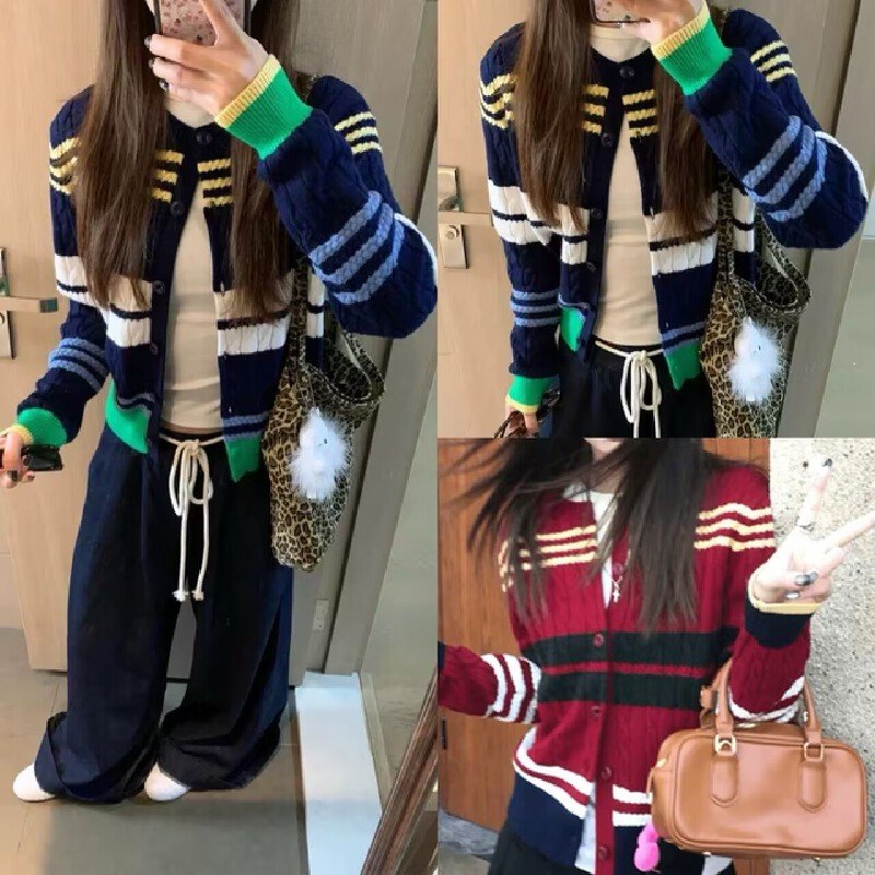 Vapetix Free Size-Free Size Retro Striped Knit Cardigan 2025 Color-blocked Spring New Korean Style Sweatshirt Casual and Good-l – Bild 3