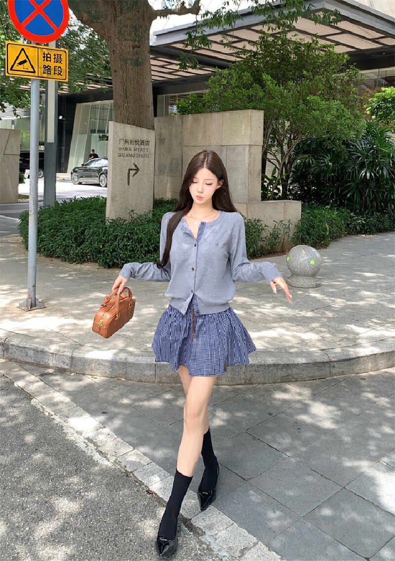 Vapetix S-L Photographed~ Early Autumn Relaxed Feeling Grid Splicing Wool Knit Cardigan Women + Waist Embossed – Bild 4