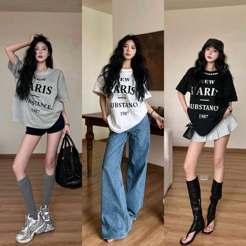 Vapetix One size fits all-One size fits all Real shot of new summer retro age-reducing letter flocking print pearl loose mid-length short-sleev