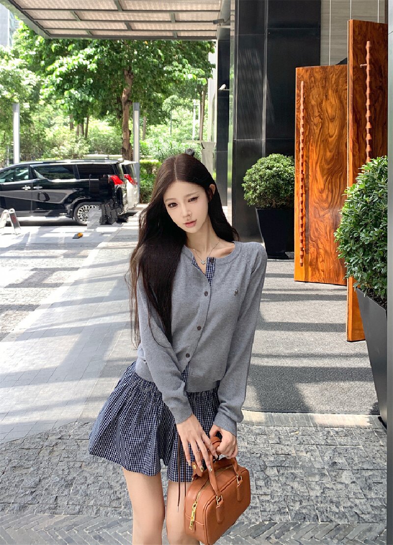 Vapetix S-L Photographed~ Early Autumn Relaxed Feeling Grid Splicing Wool Knit Cardigan Women + Waist Embossed – Bild 5