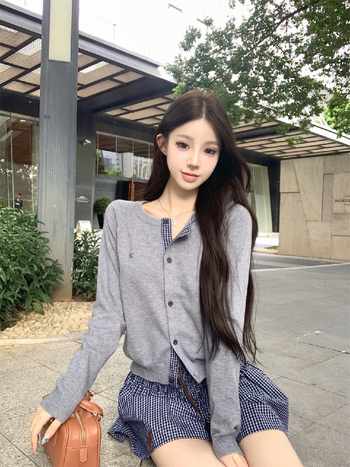 Vapetix S-L Photographed~ Early Autumn Relaxed Feeling Grid Splicing Wool Knit Cardigan Women + Waist Embossed – Bild 6