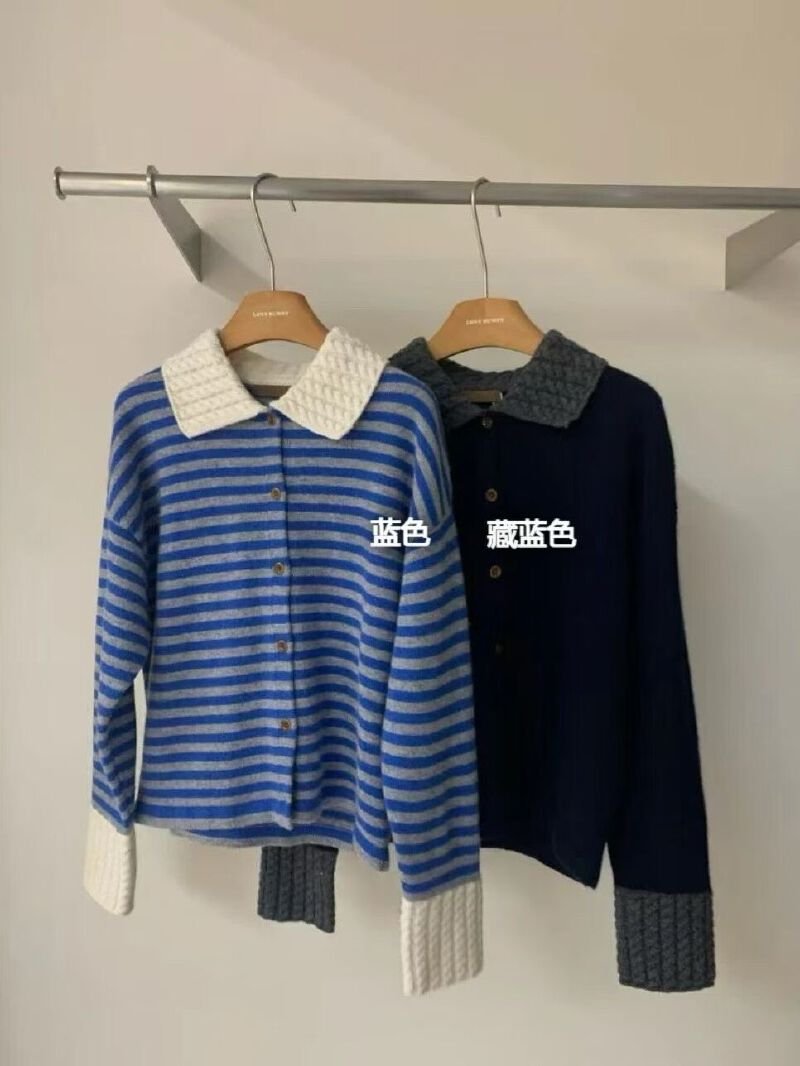 Vapetix S-XL 2025 New Korean-style Loose-Fit, Slimming Design-Statement Striped POLO-Neck Long-Sleeve Knitted Sw – Bild 2