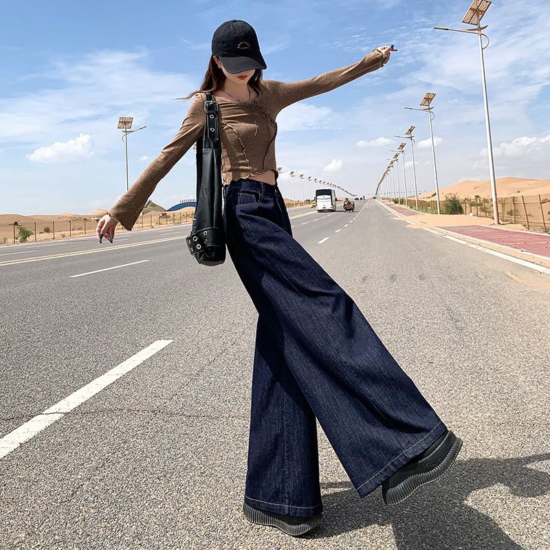 Vapetix XS-XL Autumn American Retro Non-Fading Loose Wide Leg Denim Jeans for Women, Flowy Leisure Drop-Waist Gro – Bild 3