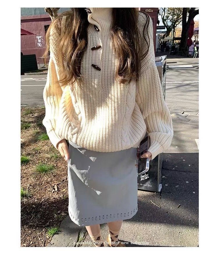 Vapetix Free Size-Free Size aaaaxbbb Jeju Orange Wine, Cane Sugar Knitted Sweater Hooded Button High Collar 2way Casual Korean – Bild 3