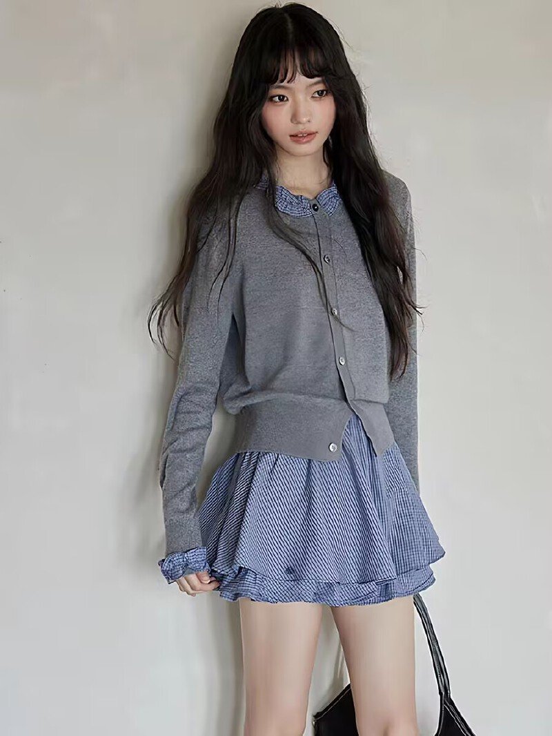 Vapetix Free Size-Free Size French-style niche design high-end academic style petite long-sleeved splicing knit sweater top – Bild 3