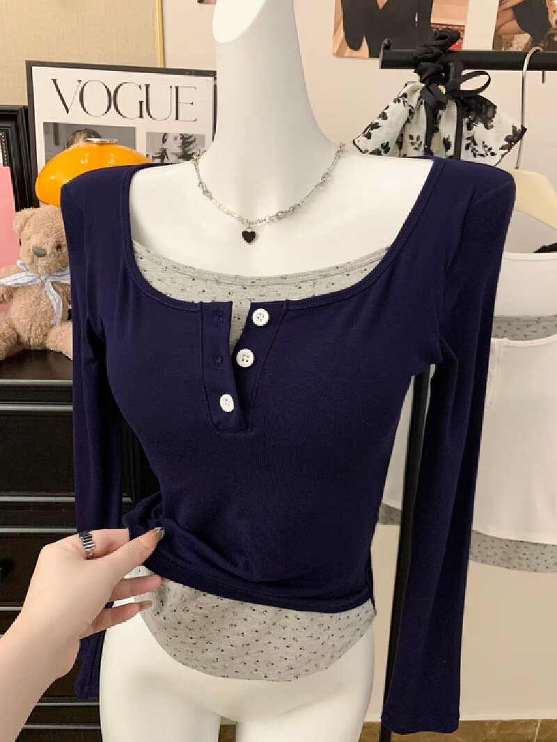 Vapetix Free Size-Free Size Oversized color-blocked two-piece button-down long-sleeve T-shirt for women, perfect for early autu – Bild 2