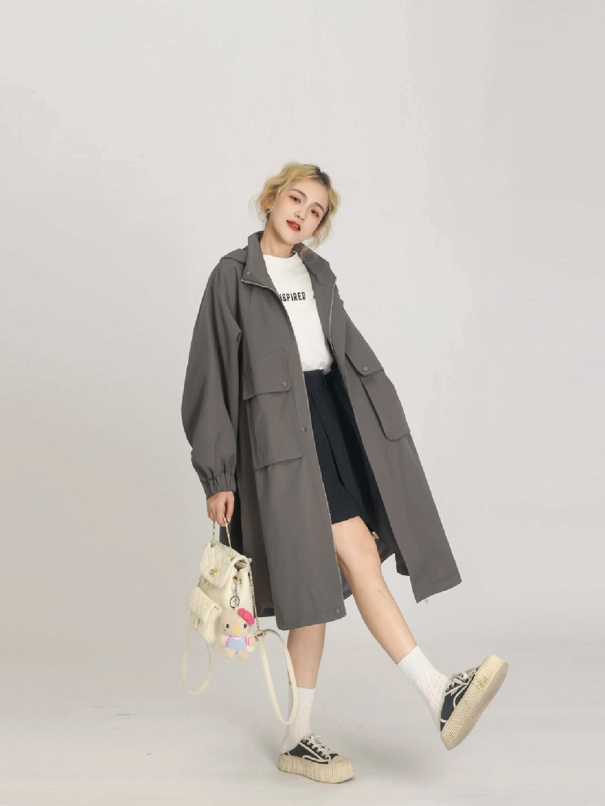 Vapetix S-2XL Grey Hooded Windbreaker Jacket for Women 2025 Spring and Autumn New Korean Style Loose Short Figure – Bild 3