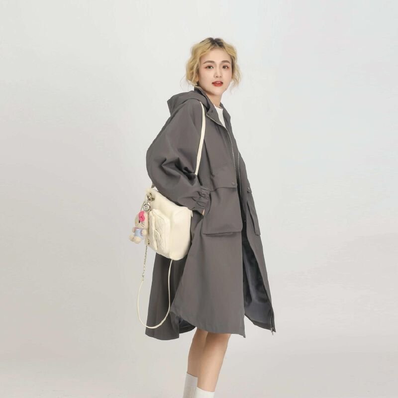 Vapetix S-2XL Grey Hooded Windbreaker Jacket for Women 2025 Spring and Autumn New Korean Style Loose Short Figure – Bild 4