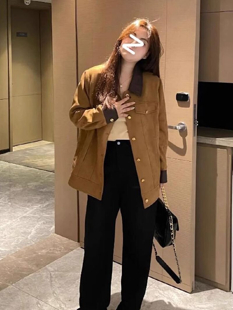 Vapetix S-3XL Women's Vintage Patchwork Contrast Collar Faux Leather Outerwear for Autumn/Winter, Loose and Slimm – Bild 4