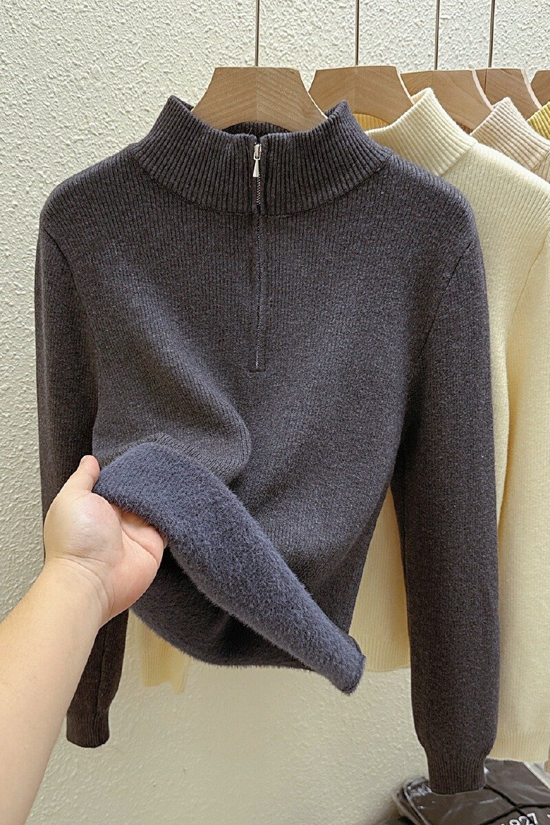 Vapetix Free Size-Free Size Real-shot Fleece-Integrated Mock-Neck Zip-Up Knit Sweater for Women – Thickened & Padded Fall/Winte – Bild 4