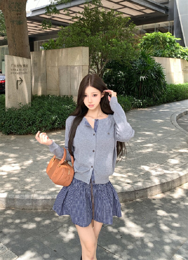 Vapetix S-L Photographed~ Early Autumn Relaxed Feeling Grid Splicing Wool Knit Cardigan Women + Waist Embossed – Bild 7