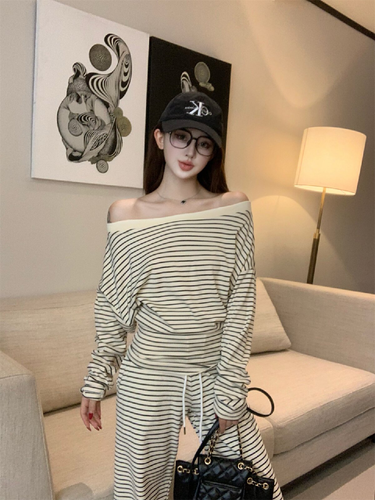 Vapetix Free Size-Free Size Photographed~ Early Autumn Sloping Shoulder Long Sleeve Tied-Waist Black and White Striped Top + Fi – Bild 5