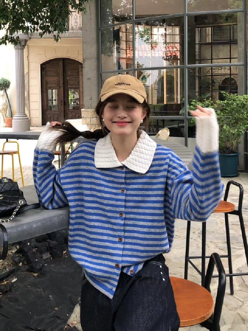 Vapetix S-XL 2025 New Korean-style Loose-Fit, Slimming Design-Statement Striped POLO-Neck Long-Sleeve Knitted Sw – Bild 4