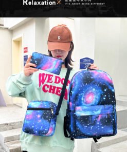 Vapetix Three-piece set-Backpack + Pencil case Rhythm Box Printed Starry Sky Youth Student Backpack Set of Three for Both Boys and Girls Double Sh