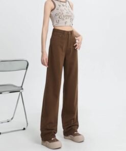 Vapetix XS-2XL Chunky Summer Wide-Leg Denim Drop-Crotch Pants in Olive Brown—Soft, High-Street Style Straight-Leg