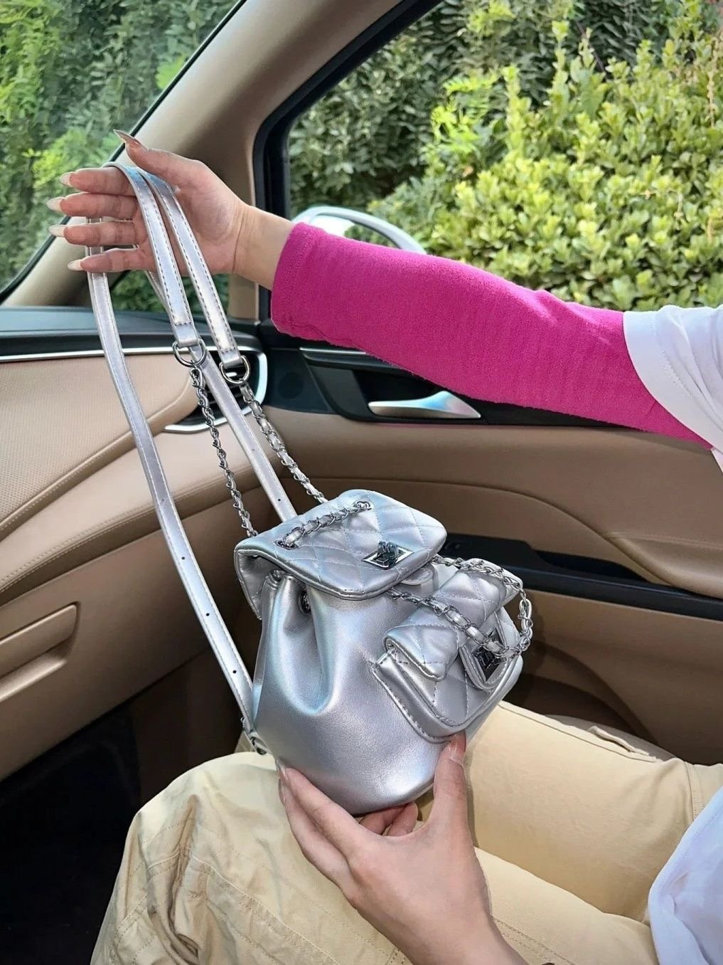 Vapetix Free Size-Free Size Diamond Grid Embroidered Double Shoulder Bag for Women, Summer Fashion Trendy Chain Small Backpack,