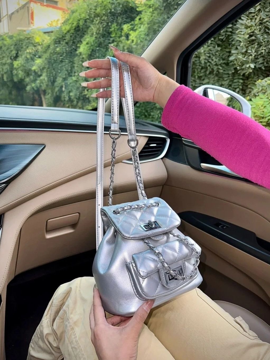 Vapetix Free Size-Free Size Diamond Grid Embroidered Double Shoulder Bag for Women, Summer Fashion Trendy Chain Small Backpack, – Bild 2