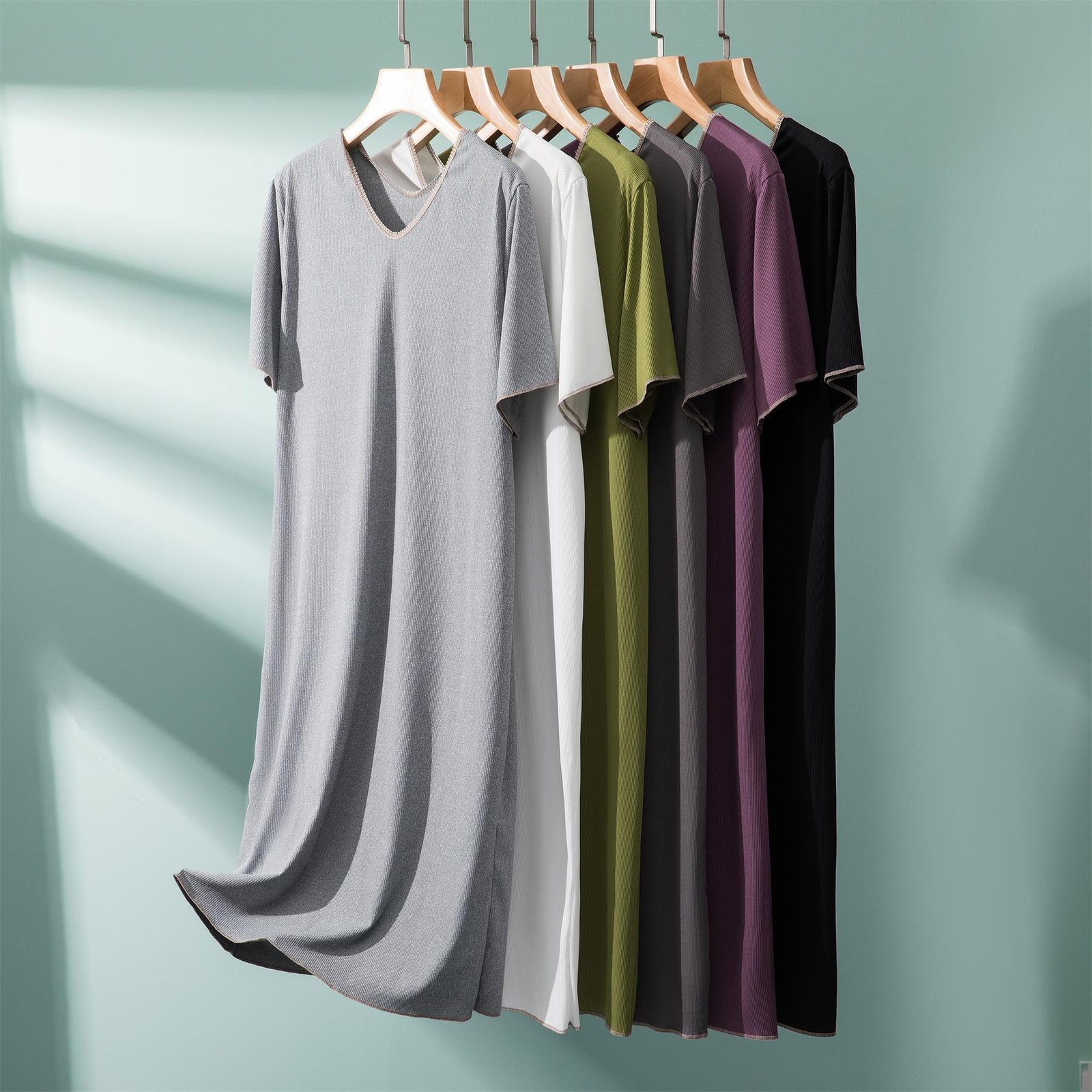 Vapetix Free Size-Increase the code Pure Color V-neck Short Sleeve Women's Summer New Short Sleeve Thin Loose Medium Long Dress Home Dr – Bild 3