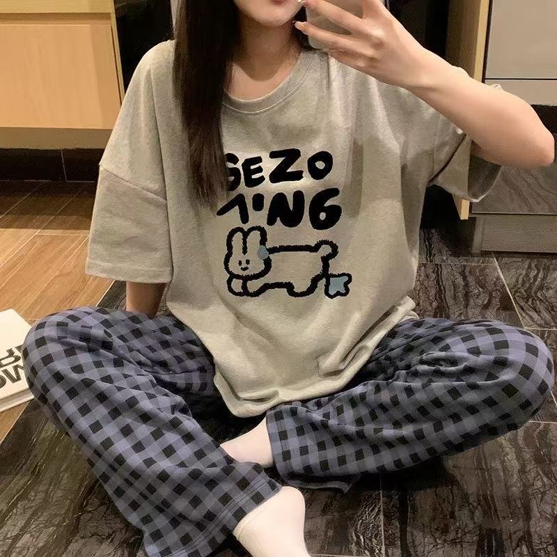 Vapetix M-XXL Japanese-style pajamas for women, spring and summer short-sleeved long pants, cute smiling face str