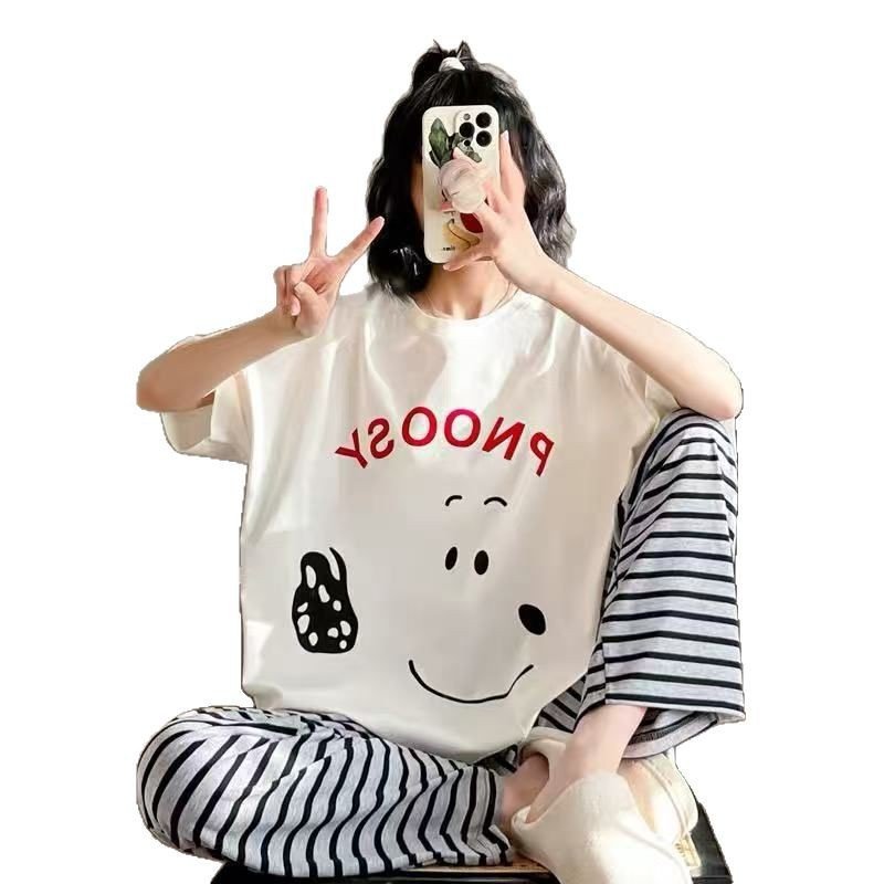Vapetix M-XXL Japanese-style pajamas for women, spring and summer short-sleeved long pants, cute smiling face str – Bild 2