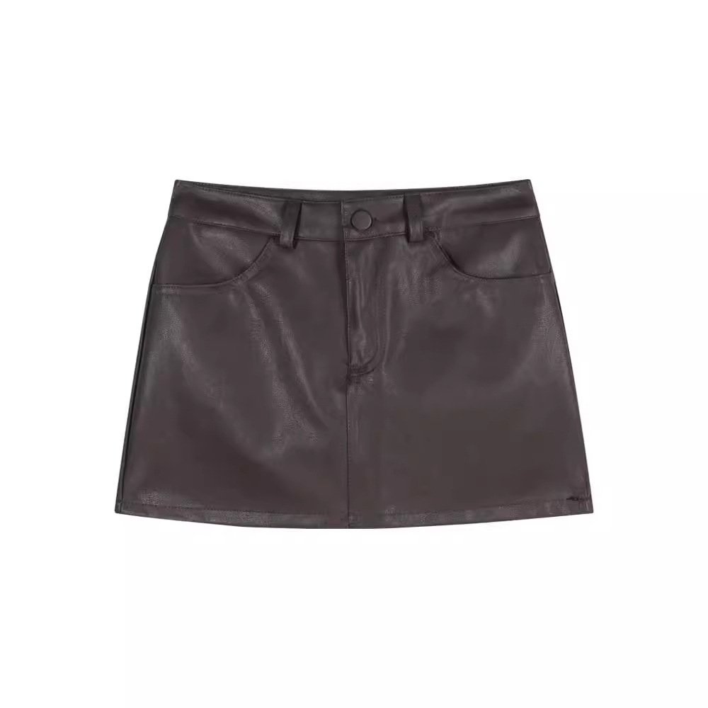 Vapetix XS-4XL Leatherette Viscose Half-Body Skirt for Women - Spring - Petite High-Waist Brown Skirt - A-Line and – Bild 3