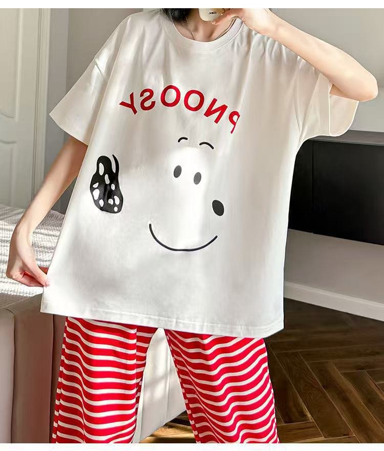 Vapetix M-XXL Japanese-style pajamas for women, spring and summer short-sleeved long pants, cute smiling face str – Bild 3