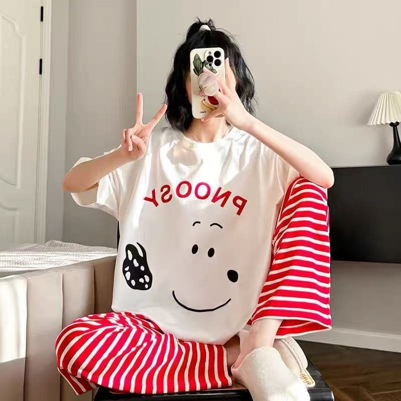 Vapetix M-XXL Japanese-style pajamas for women, spring and summer short-sleeved long pants, cute smiling face str – Bild 4