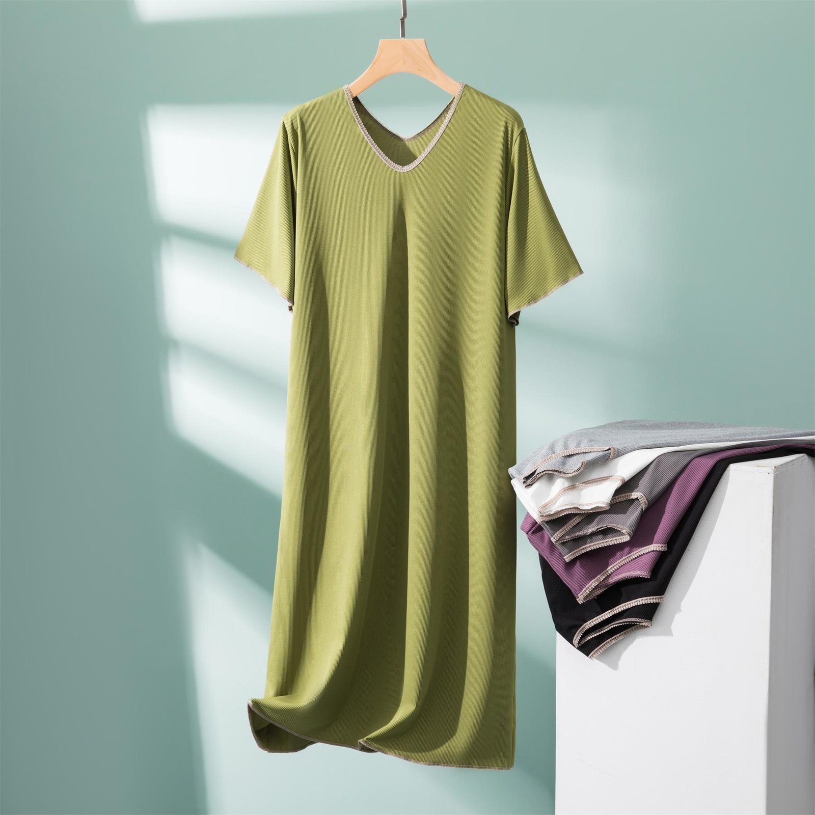 Vapetix Free Size-Increase the code Pure Color V-neck Short Sleeve Women's Summer New Short Sleeve Thin Loose Medium Long Dress Home Dr – Bild 5