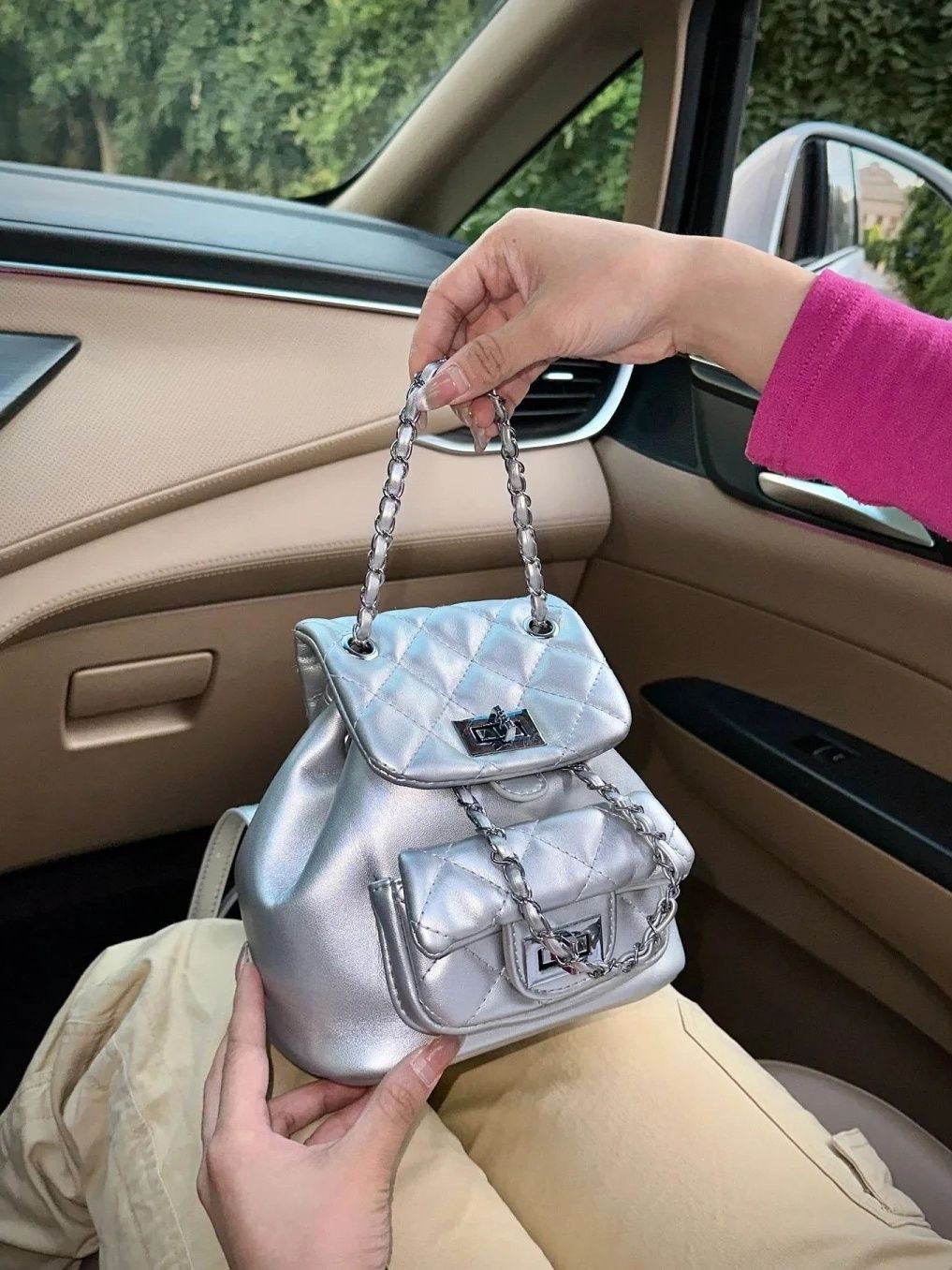 Vapetix Free Size-Free Size Diamond Grid Embroidered Double Shoulder Bag for Women, Summer Fashion Trendy Chain Small Backpack, – Bild 3