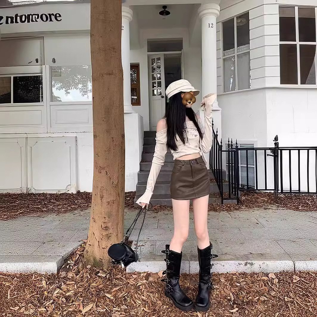 Vapetix XS-4XL Leatherette Viscose Half-Body Skirt for Women - Spring - Petite High-Waist Brown Skirt - A-Line and – Bild 4