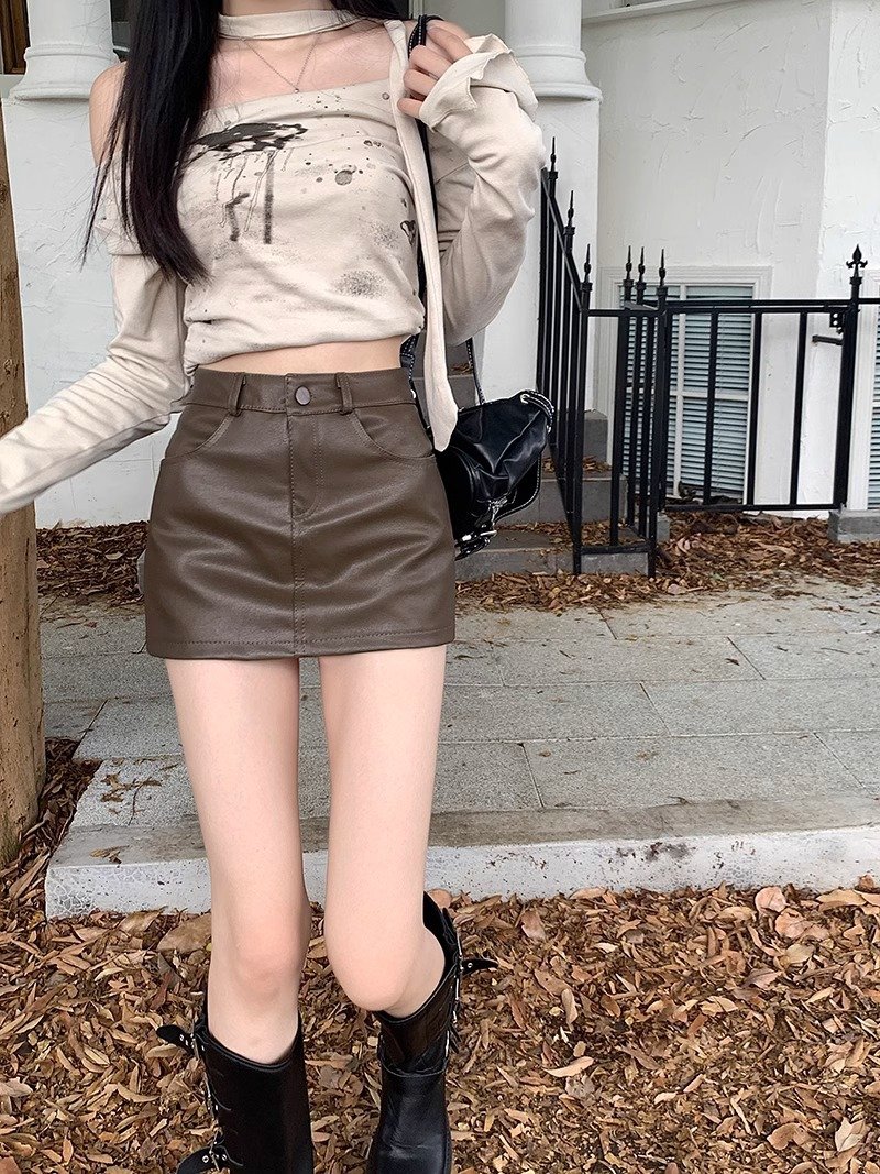 Vapetix XS-4XL Leatherette Viscose Half-Body Skirt for Women - Spring - Petite High-Waist Brown Skirt - A-Line and – Bild 6