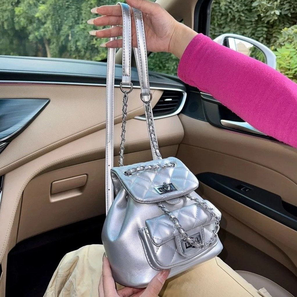 Vapetix Free Size-Free Size Diamond Grid Embroidered Double Shoulder Bag for Women, Summer Fashion Trendy Chain Small Backpack, – Bild 7