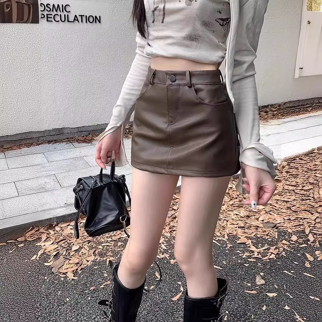 Vapetix XS-4XL Leatherette Viscose Half-Body Skirt for Women - Spring - Petite High-Waist Brown Skirt - A-Line and – Bild 7