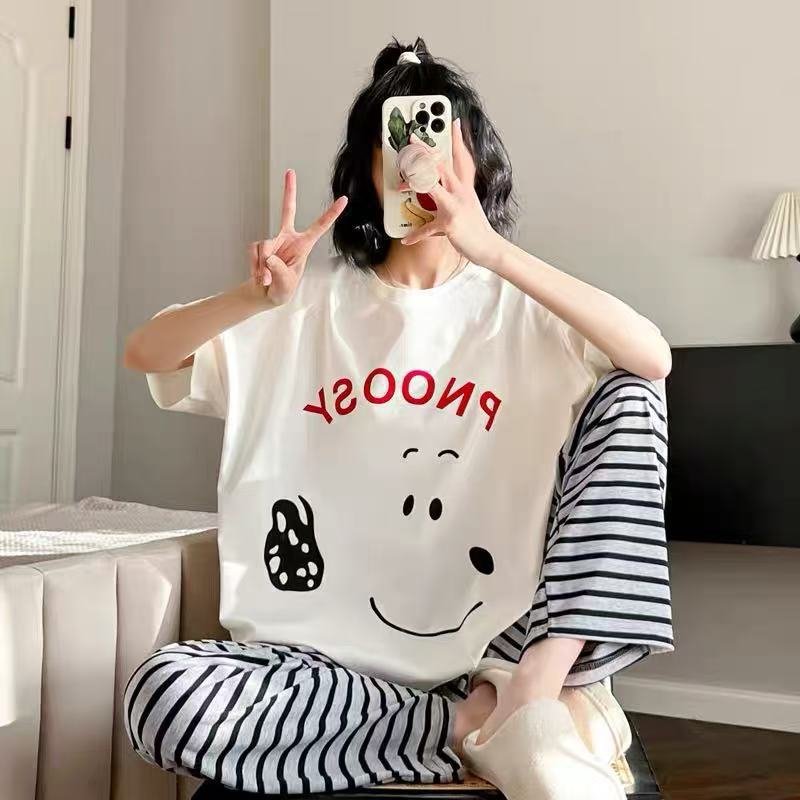 Vapetix M-XXL Japanese-style pajamas for women, spring and summer short-sleeved long pants, cute smiling face str – Bild 7